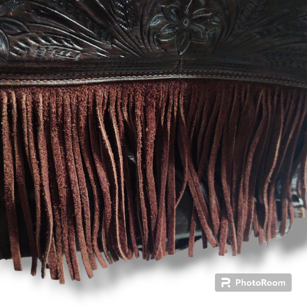 American West Tooled Brown Leather Fringed Bag - Picture 4 of 5